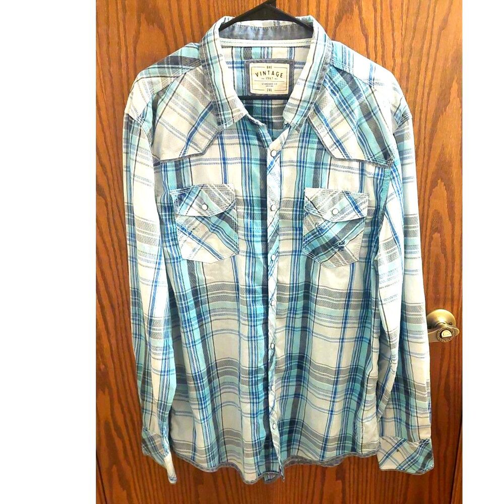 BKE Vintage Men's 2XL Pearl Snap Distressed Western Plaid Shirt Blue Aqua